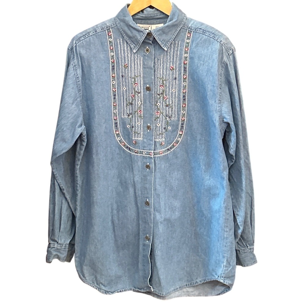 90s Capacity Denim Button Down Shirt Cottagecore Floral Embroidered Grandmacore